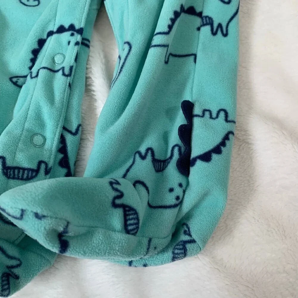 5/$25 Carter's‎ Dinosaur Footed Sleeper Baby Boy 9M Teal Fleece Snap Up Pajamas